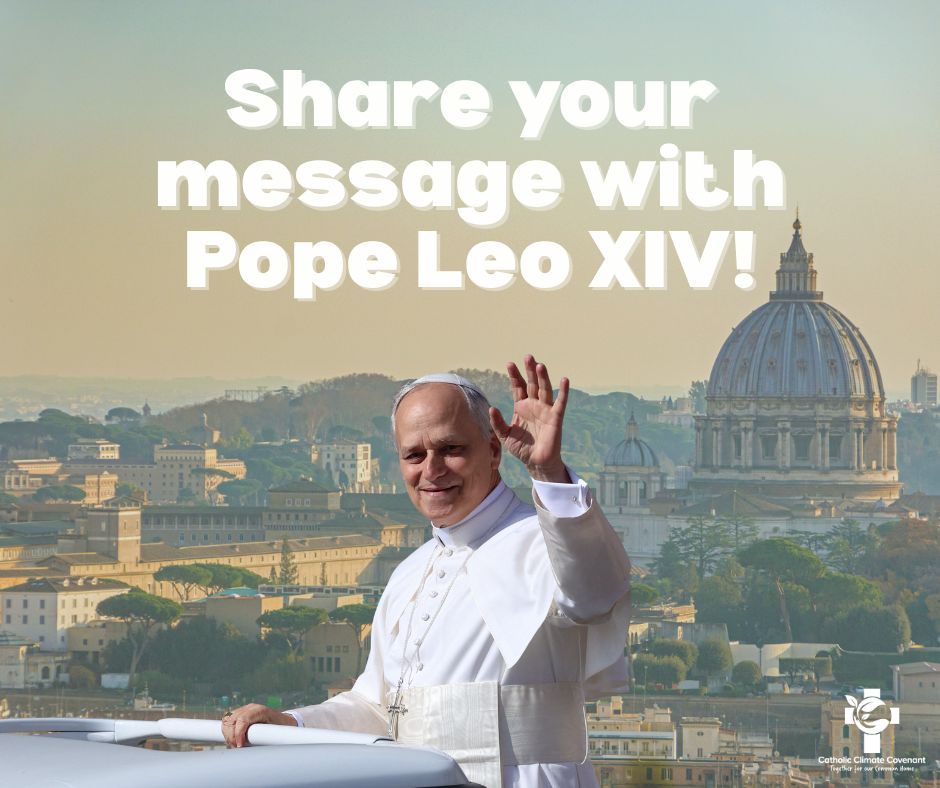 Pope Leo, dressed in white, waves to the camera with the Roman skyline and the Vatican behind him.